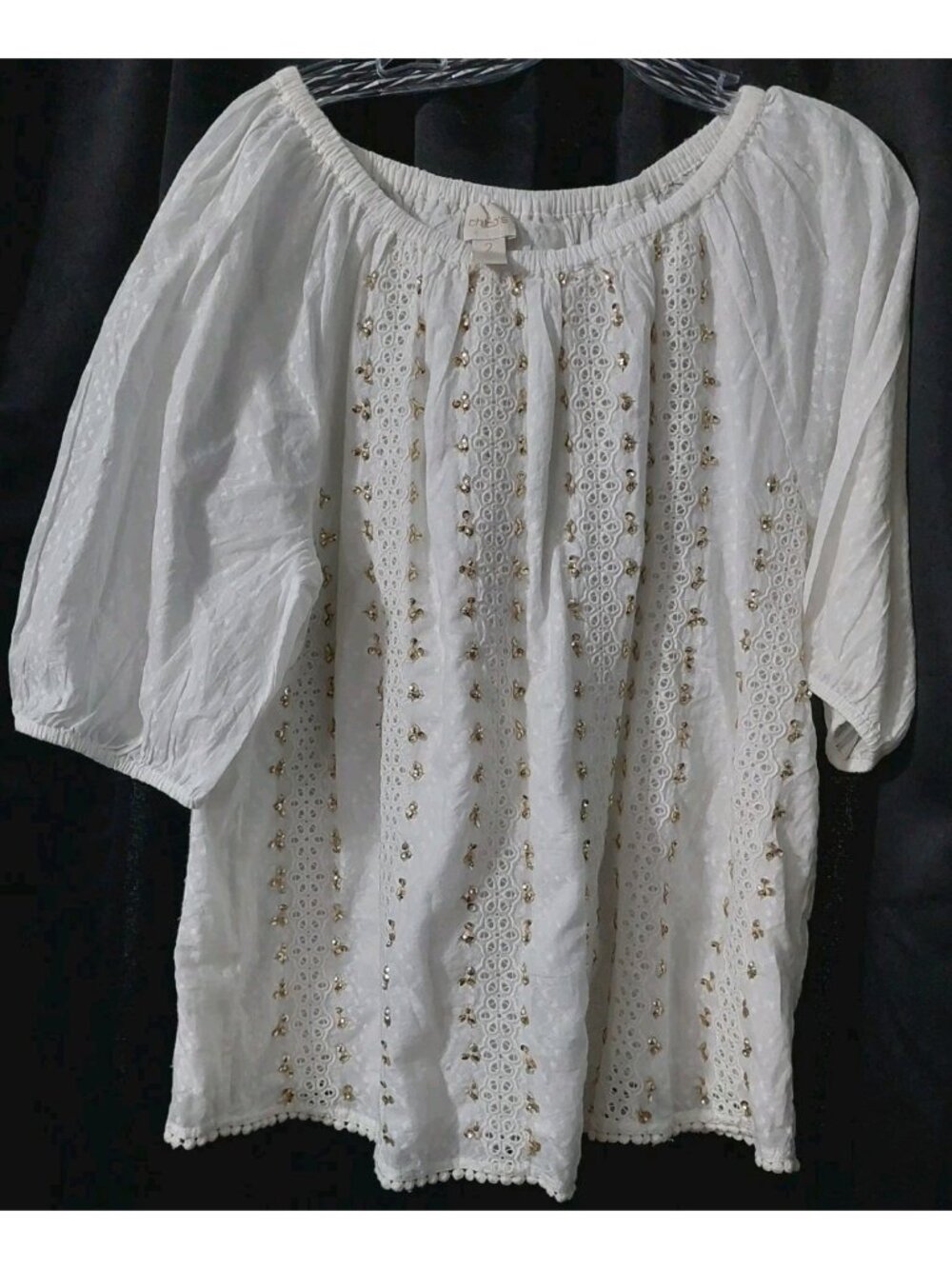 Chicos Shirt Front White Gold Sequins Size 2 Blouse Large
